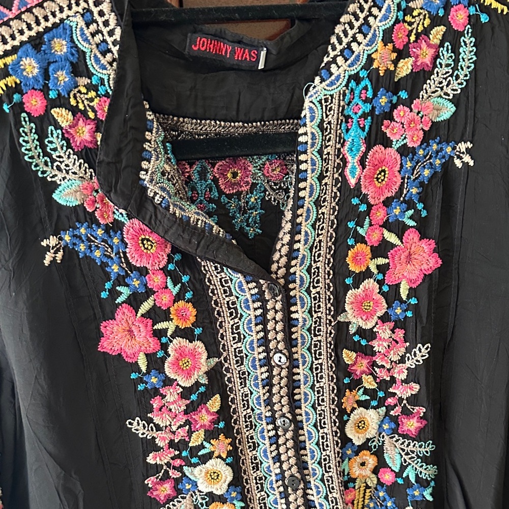 Johnny Was Black Blouse with Colorful Embroidery